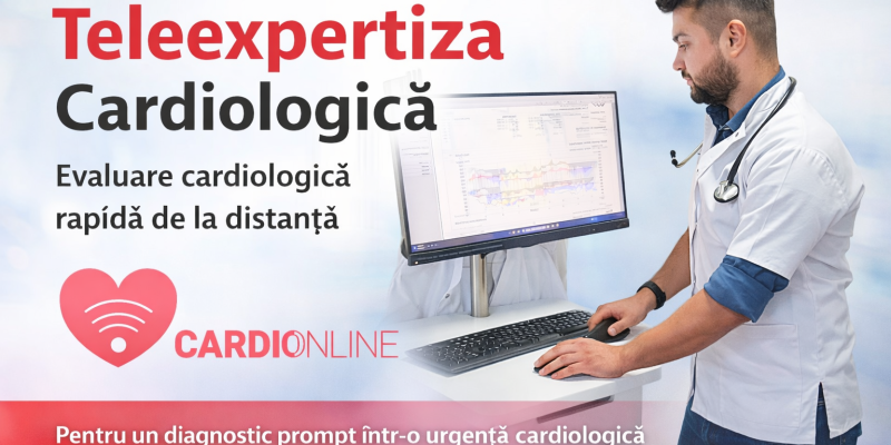 Teleexpertiza cardiologica. Medic ce sta la calculator si citeste investigatiile unui pacient cu care discuta.
